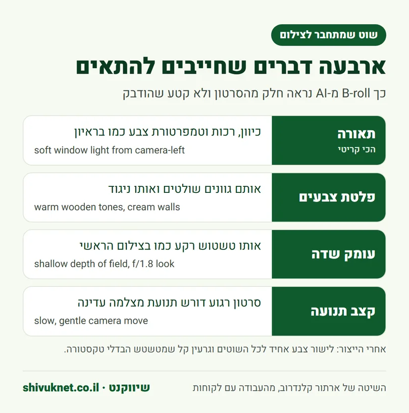 ארבעת הפרמטרים להתאמת B-roll מ-AI לצילום אמיתי עם דוגמאות לפרומפט