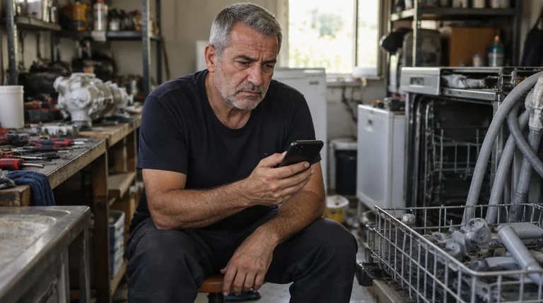 טכנאי לתיקון מדיחי כלים בודק בטלפון מה עונה מנוע AI על העסק שלו
