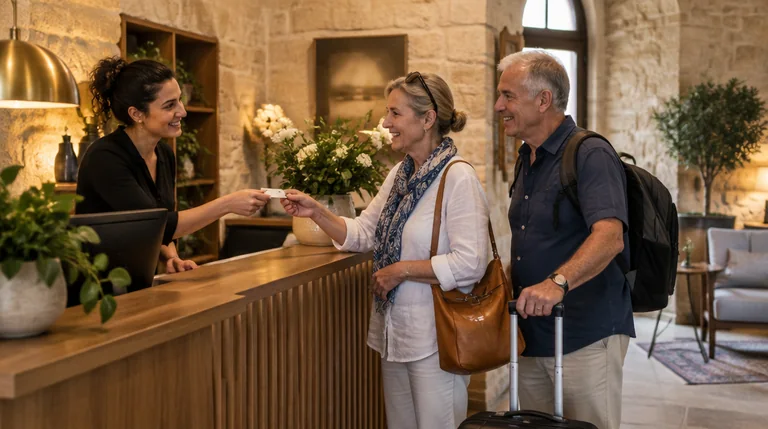 פקידת קבלה במלון בוטיק מקבלת זוג תיירים ליד דלפק עץ
