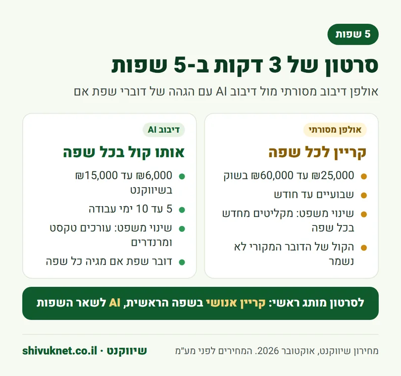 השוואת עלות וזמן בין אולפן דיבוב מסורתי לדיבוב AI לסרטון בחמש שפות