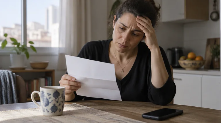 אישה יושבת ליד שולחן המטבח עם מכתב רשמי ביד ונראית מודאגת