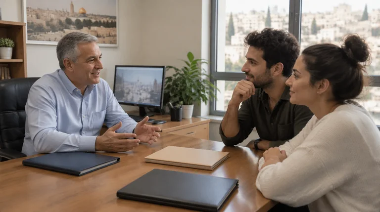 יועץ משכנתאות משוחח פנים מול פנים עם זוג צעיר במשרד
