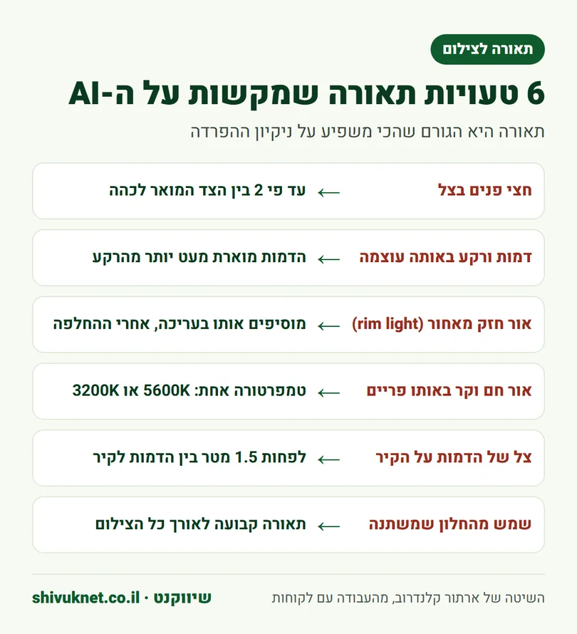 שש טעויות תאורה שפוגעות בהחלפת רקע ב-AI ואיך מתקנים כל אחת