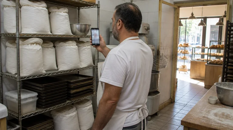בעל מאפייה מצלם בטלפון את המחסן של העסק לאימות בגוגל