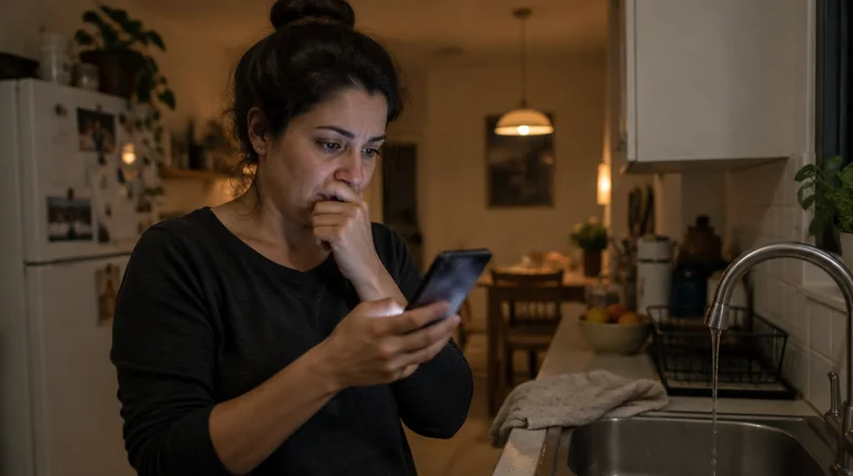 אישה במטבח בלילה מחפשת בטלפון אינסטלטור בזמן שהברז דולף
