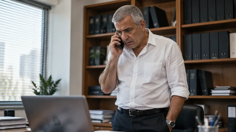 עורך דין מתקשר בדאגה מול המחשב אחרי שמאמר באתר שלו נעלם מגוגל