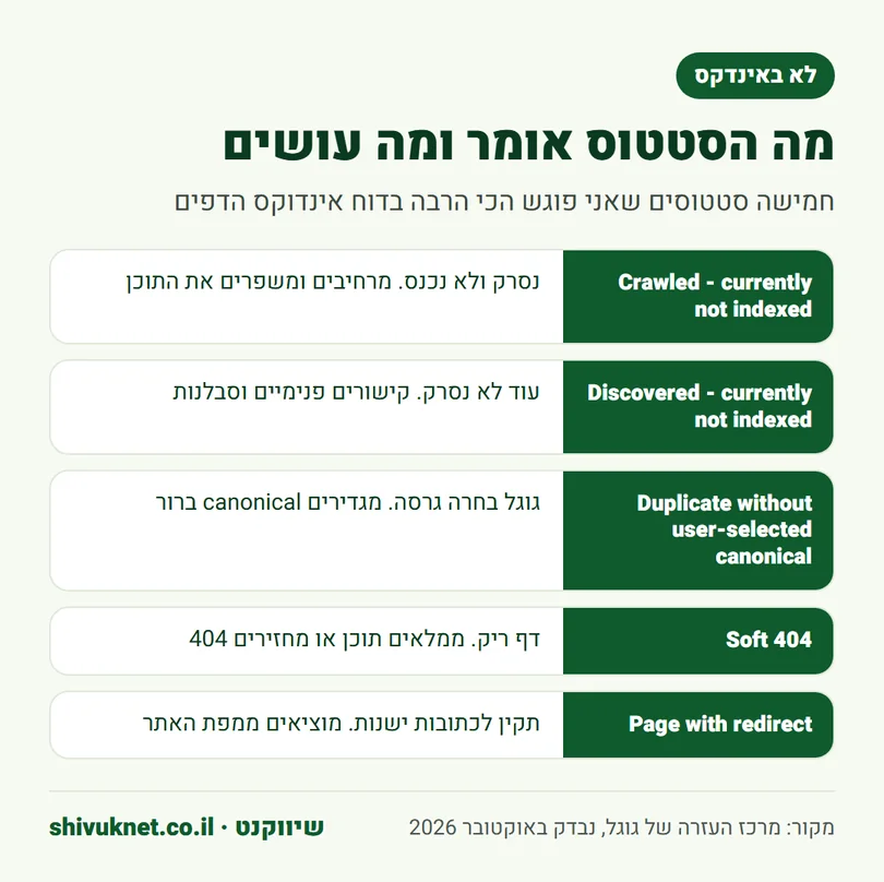 חמישה סטטוסים נפוצים בדוח אינדוקס הדפים ומה עושים עם כל אחד