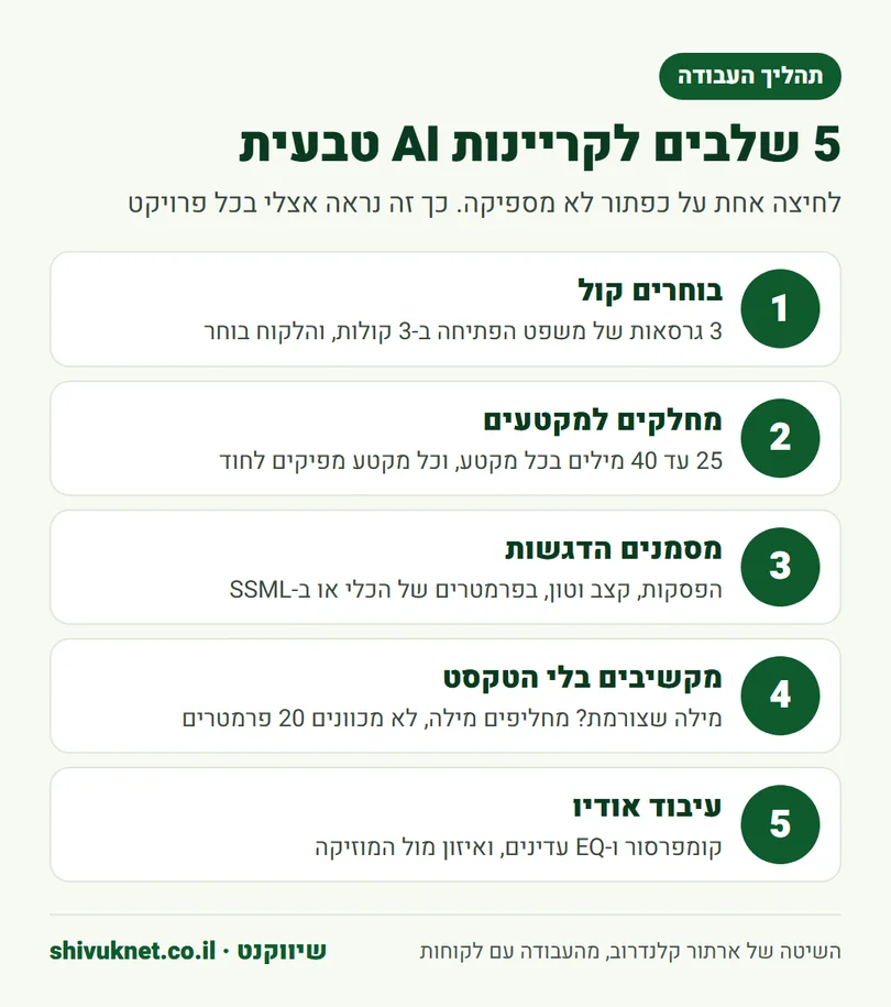 חמשת השלבים להפקת קריינות AI בעברית מבחירת קול ועד עיבוד אודיו