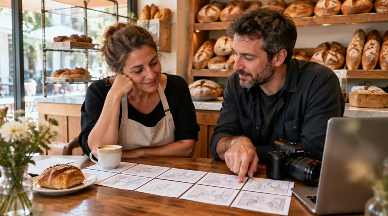 בעלת מאפייה ומפיק עוברים על סטוריבורד מודפס ליד שולחן במאפייה
