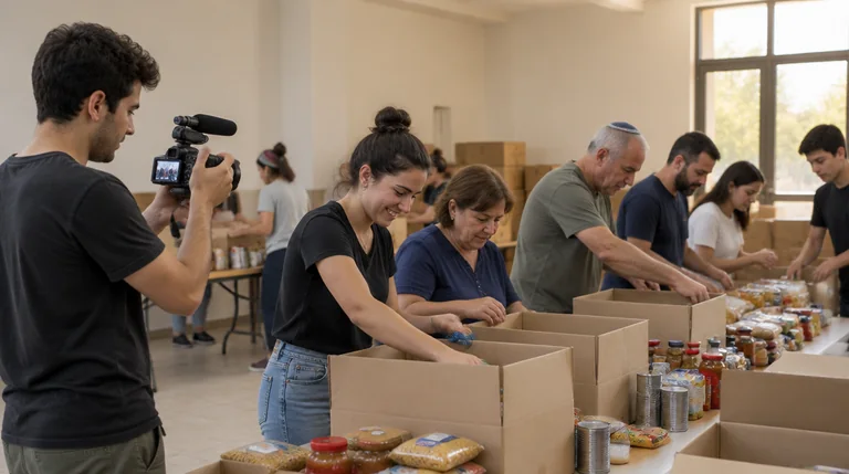 מתנדבים אורזים חבילות מזון במרכז קהילתי בזמן שצלם מתעד אותם