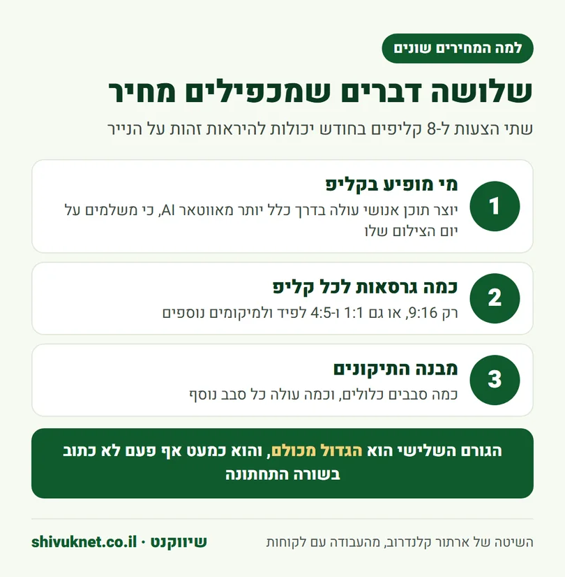 שלושה גורמים שמשנים את מחיר חבילת UGC: מי מופיע, כמה גרסאות ומבנה התיקונים