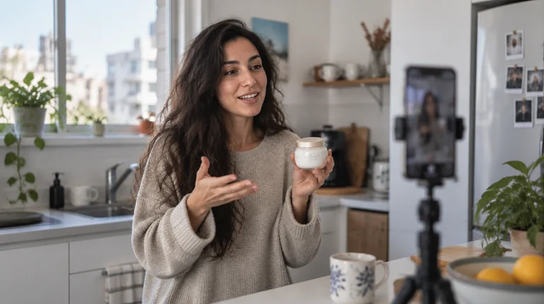 יוצרת תוכן מדברת אל טלפון על חצובה במטבח הבית ומחזיקה צנצנת קרם