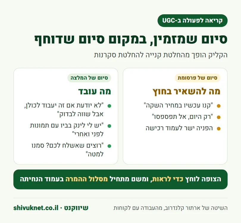 ניסוחי סיום לקליפ UGC שמזמינים לבדוק לעומת ניסוחים של פרסומת