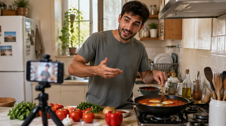יוצר תוכן צעיר מצלם את עצמו מבשל במטבח הביתי מול טלפון על חצובה