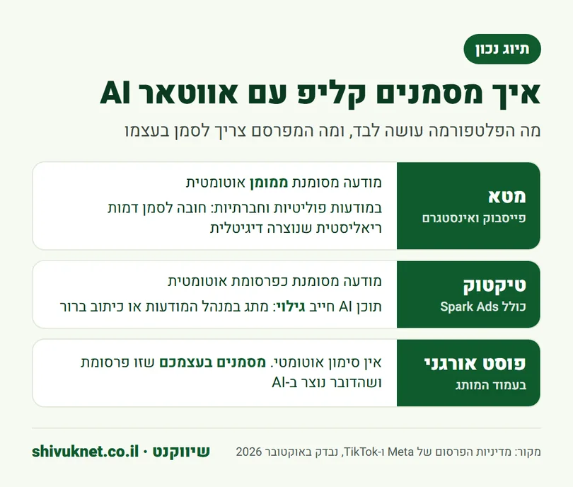 איך מסמנים קליף עם אווטאר AI במטא, בטיקטוק ובפוסט אורגני