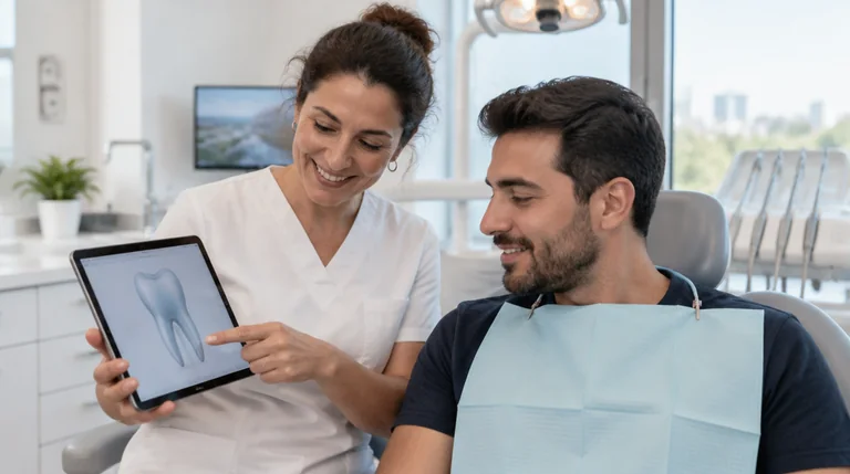 רופאת שיניים מראה למטופל אנימציה תלת ממדית של שן בטאבלט בחדר הטיפולים
