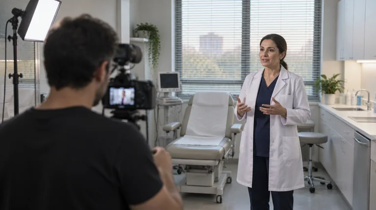 רופאה מדברת מול מצלמה בחדר טיפולים ריק לפני שעות הקבלה