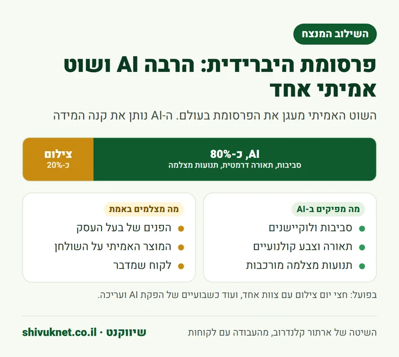חלוקה של פרסומת היברידית בין שוטים של AI לשוט צילום אמיתי