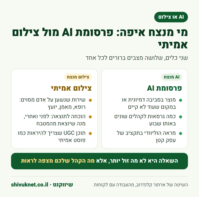השוואה בין המצבים שבהם פרסומת AI מנצחת לאלה שבהם צילום אמיתי מנצח