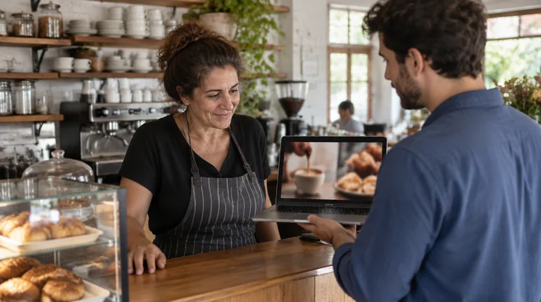 בעלת בית קפה צופה בטיוטה של פרסומת במחשב נייד שמחזיק המפיק ליד הדלפק