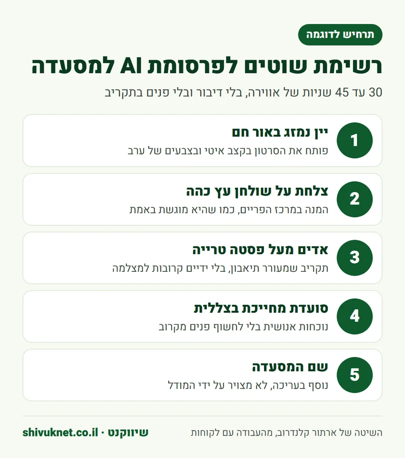רשימת חמישה שוטים לפרסומת AI של מסעדת שף