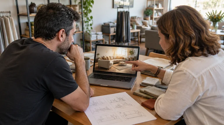 מפיק ובעלת חנות רהיטים בוחנים יחד פרסומת AI על מסך מחשב