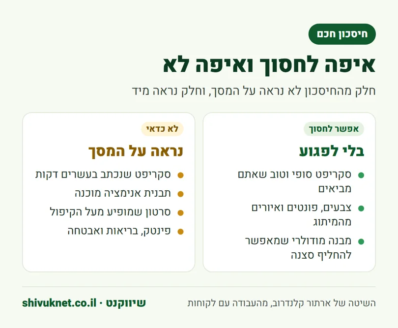 השוואה בין מקומות שבהם אפשר לחסוך בסרטון הסבר לבין מקומות שבהם לא כדאי