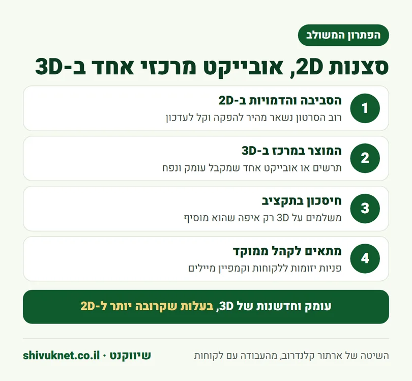 פתרון משולב לסרטון הסבר: סצנות 2D עם אובייקט מוצר מרכזי ב-3D