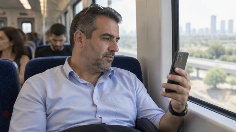 מנהל צופה בסרטון בטלפון בתוך רכבת, בלי אוזניות