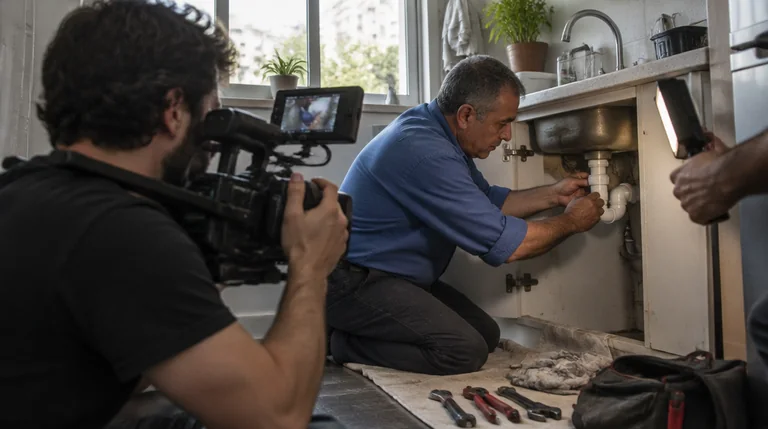 צלם מצלם מקרוב את הידיים של אינסטלטור שמתקן צנרת מתחת לכיור
