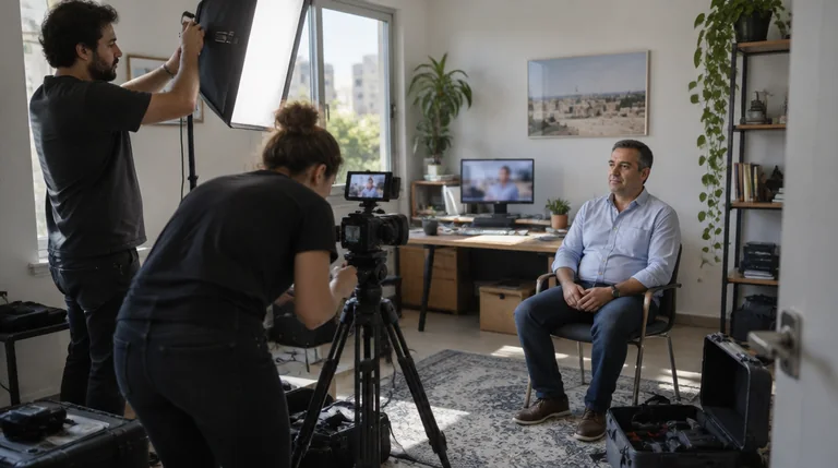 צוות צילום מקים תאורה ומצלמה במשרד של עסק קטן לפני ראיון