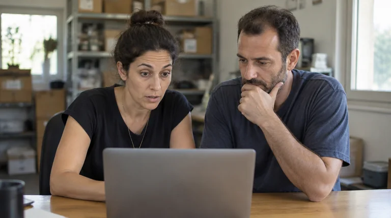 בעלי עסק משפחתי בוחנים הצעת מחיר להפקת סרטון על מסך המחשב