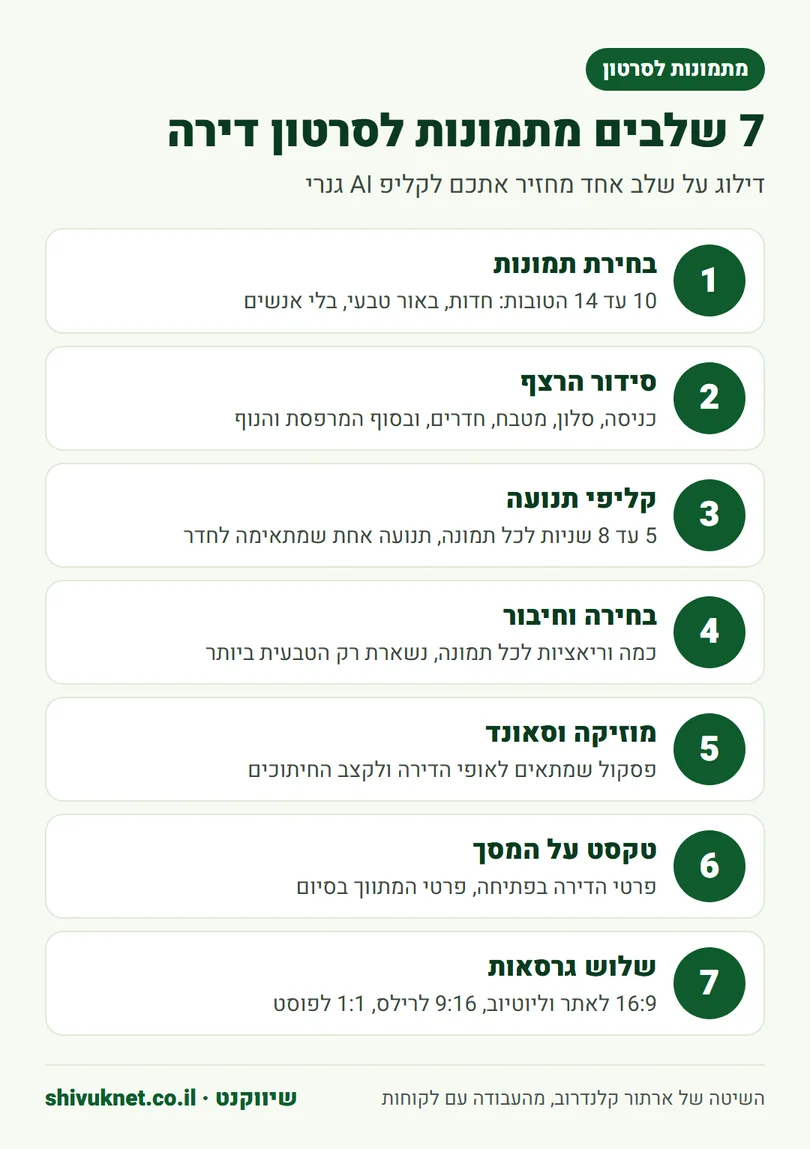 שבעה שלבים להפיכת תמונות סטילס של דירה לסרטון של דקה