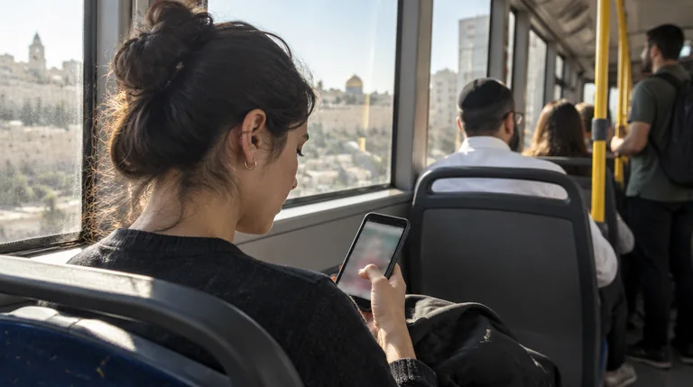 נוסעת באוטובוס גוללת סרטונים קצרים בטלפון בדרך לעבודה