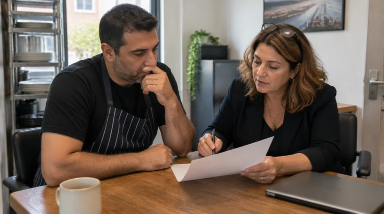 בעל מסעדה ויועצת תקשורת עוברים יחד על נוסח תגובה מודפס