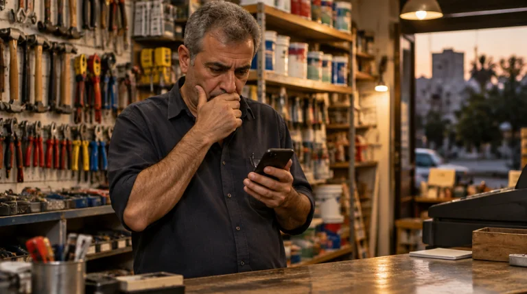בעל חנות לכלי עבודה מודאג קורא משהו בטלפון מאחורי הדלפק