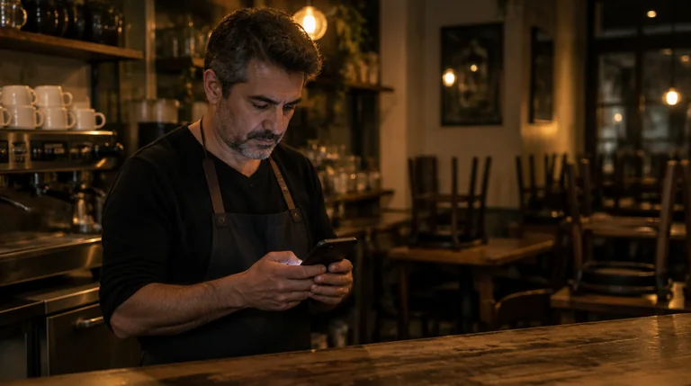 בעל בית קפה שכונתי קורא ביקורת בטלפון אחרי שעת הסגירה