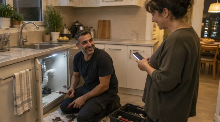 אינסטלטור מסיים תיקון מתחת לכיור ומשוחח עם בעלת הדירה