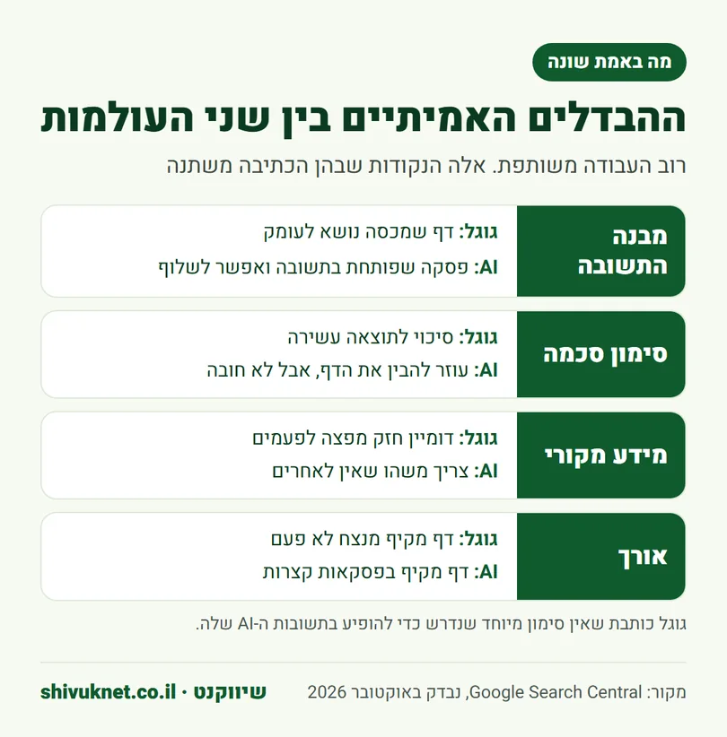 ההבדלים בין קידום בגוגל לאופטימיזציה למנועי AI במבנה, בסכמה, במידע מקורי ובאורך