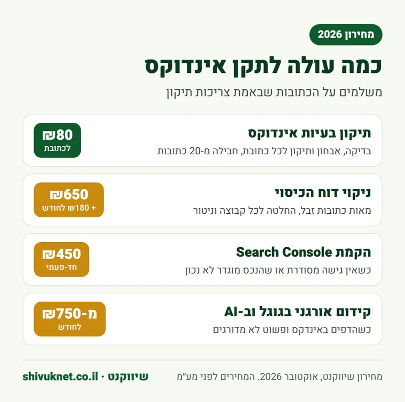 מחירון תיקון אינדוקס, ניקוי דוח הכיסוי, הקמת Search Console וקידום אורגני