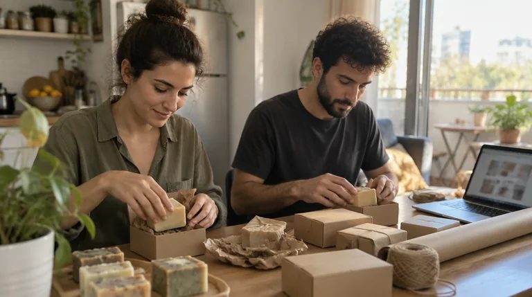 זוג צעיר אורז הזמנות לחנות אינטרנט חדשה על שולחן המטבח