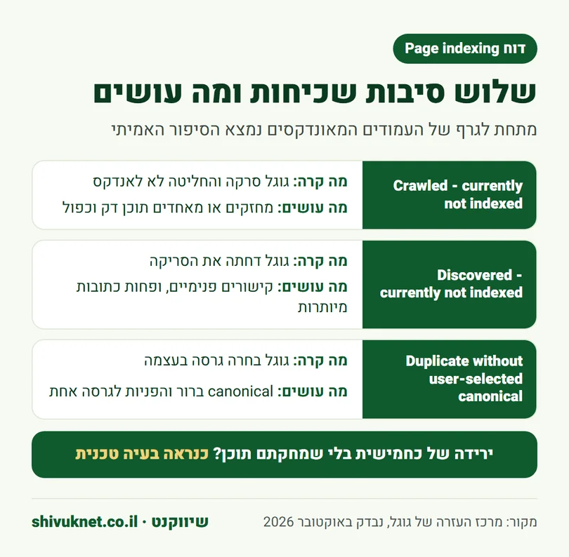שלוש סיבות נפוצות לעמודים שלא נכנסו לאינדקס בגוגל והפתרון לכל אחת