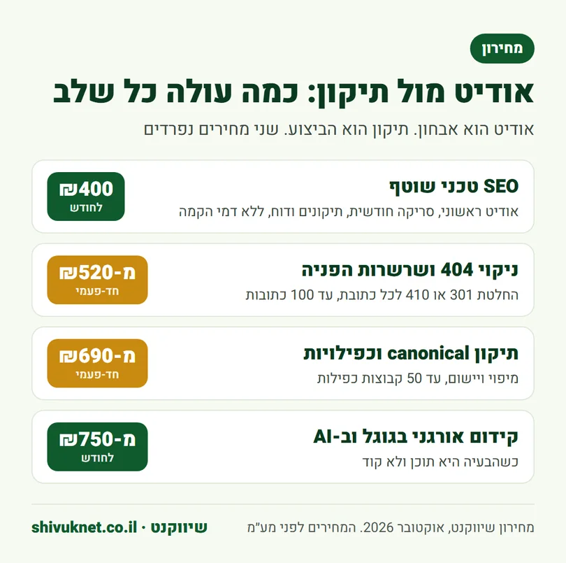 מחירון שיווקנט לאודיט טכני שוטף ולתיקוני הפניות וכפילויות