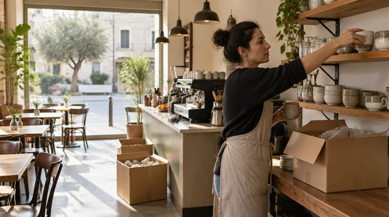 בעלת בית קפה חדש מסדרת כוסות על המדפים לפני הפתיחה