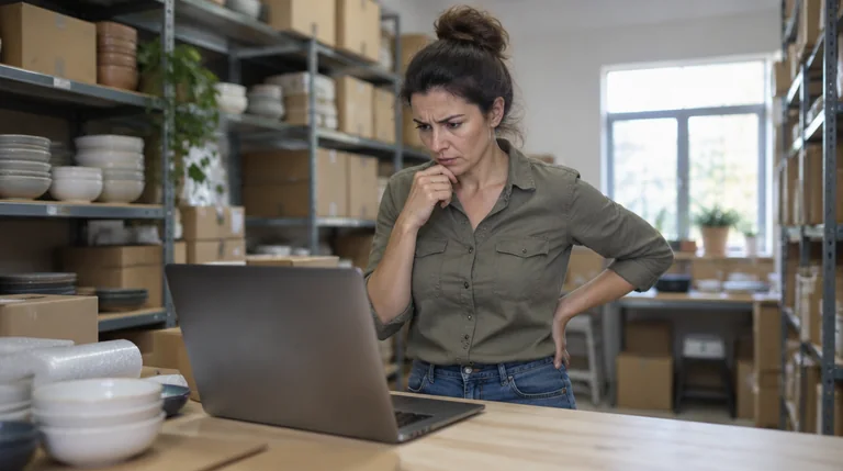 בעלת חנות אונליין לכלי מטבח בודקת במחשב במחסן למה מוצרים חסרים בגוגל