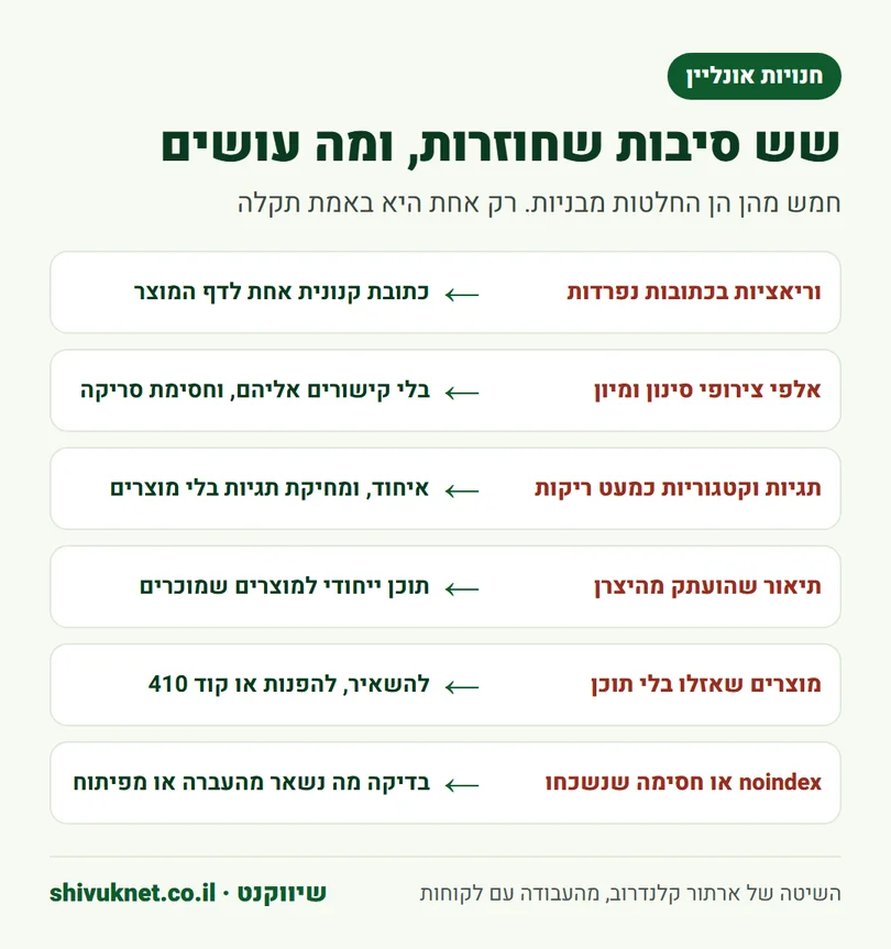שש סיבות נפוצות לדפי מוצר שלא נכנסים לאינדקס והכיוון לתיקון כל אחת