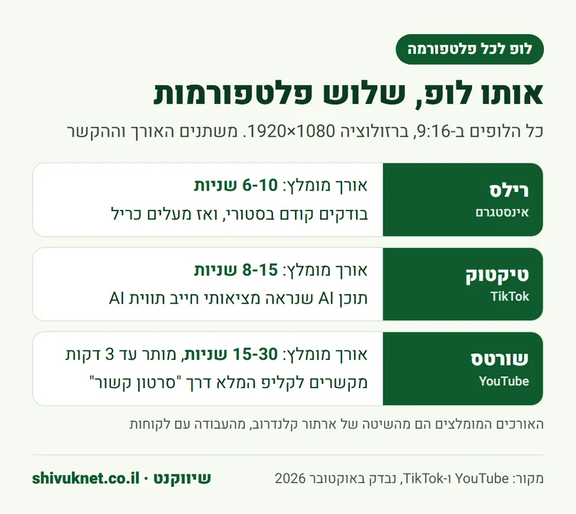 אורך מומלץ ודרישות של לופ פרומו ברילס, בטיקטוק וביוטיוב שורטס