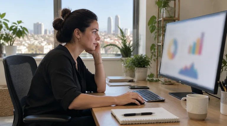 מנהלת שיווק בודקת גרפים של תנועה מהרשתות במסך גדול