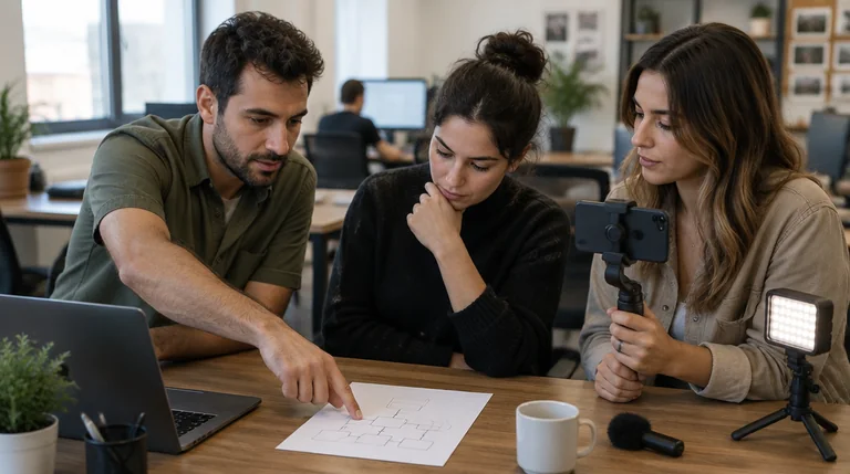 צוות שיווק קטן מתכנן סרטון קצר סביב מחשב נייד עם טלפון, תאורת לד ומיקרופון