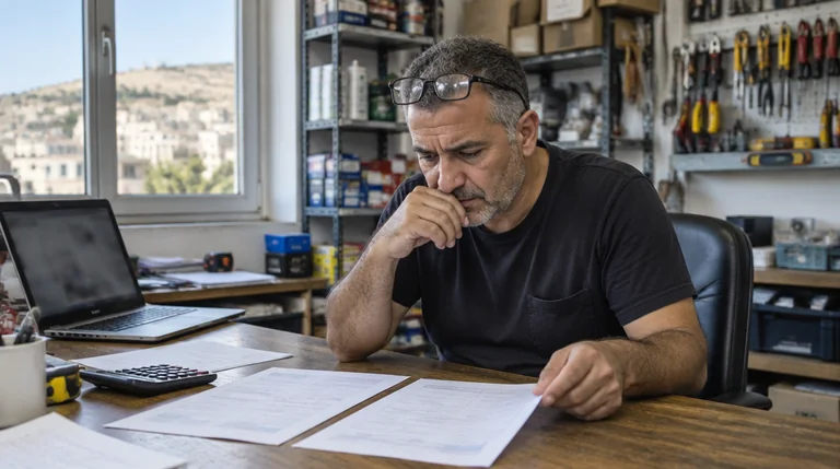 בעל חנות לכלי עבודה משווה בין שתי הצעות מחיר מודפסות במשרד האחורי